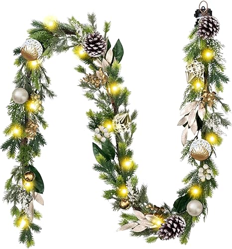 Miniatura 8 de DecorbyHannah - Guirnalda de Navidad con Luces, guirnalda de Navidad preiluminada de 9 pies para repisa de chimenea, barandilla de escaleras, Verde