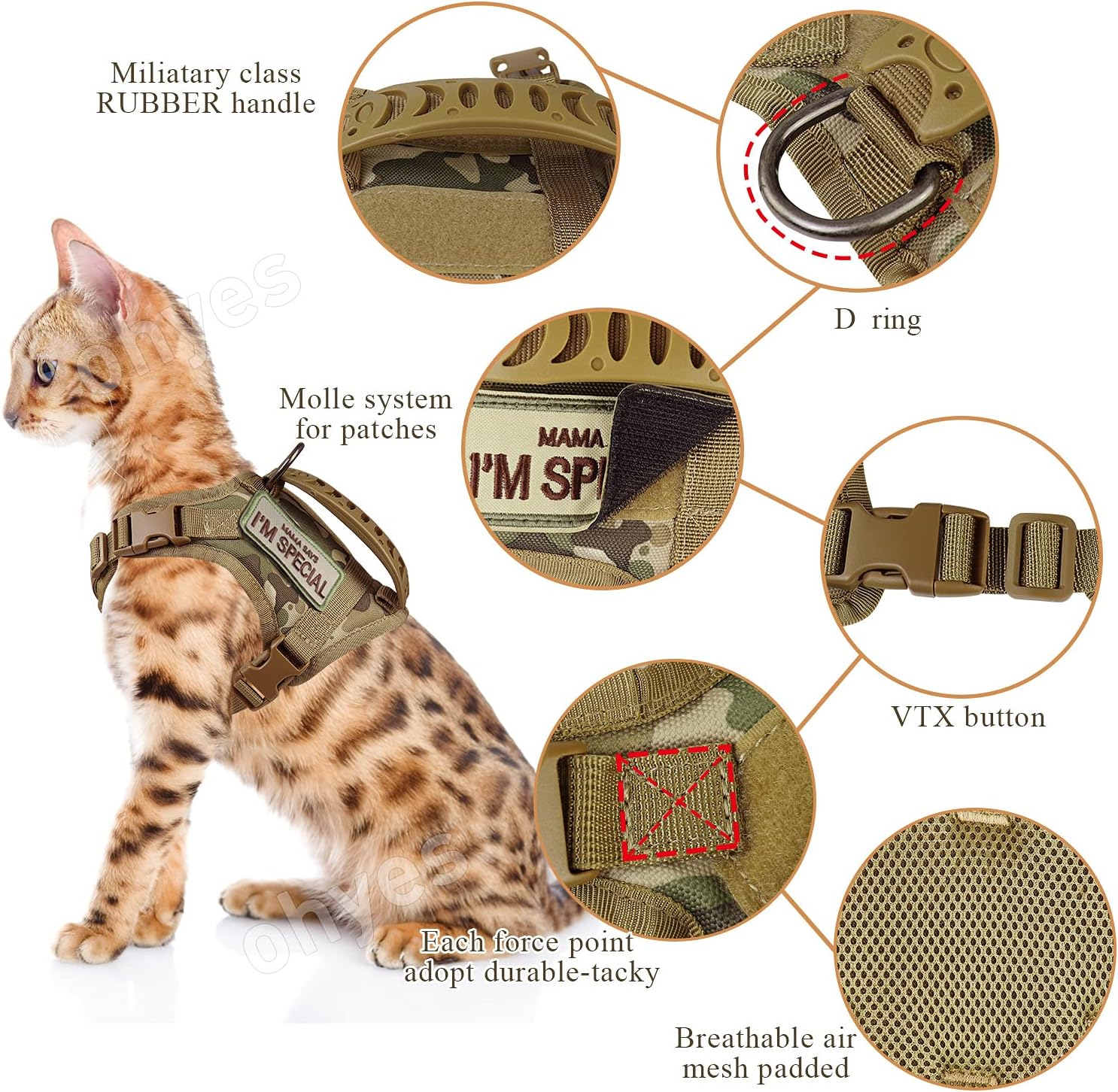 Tactical Cat Harness for Walking Escape Proof, Soft Mesh Adjustable Pet Vest Harness for Large Cat,Small Dog (L, Khaki)
