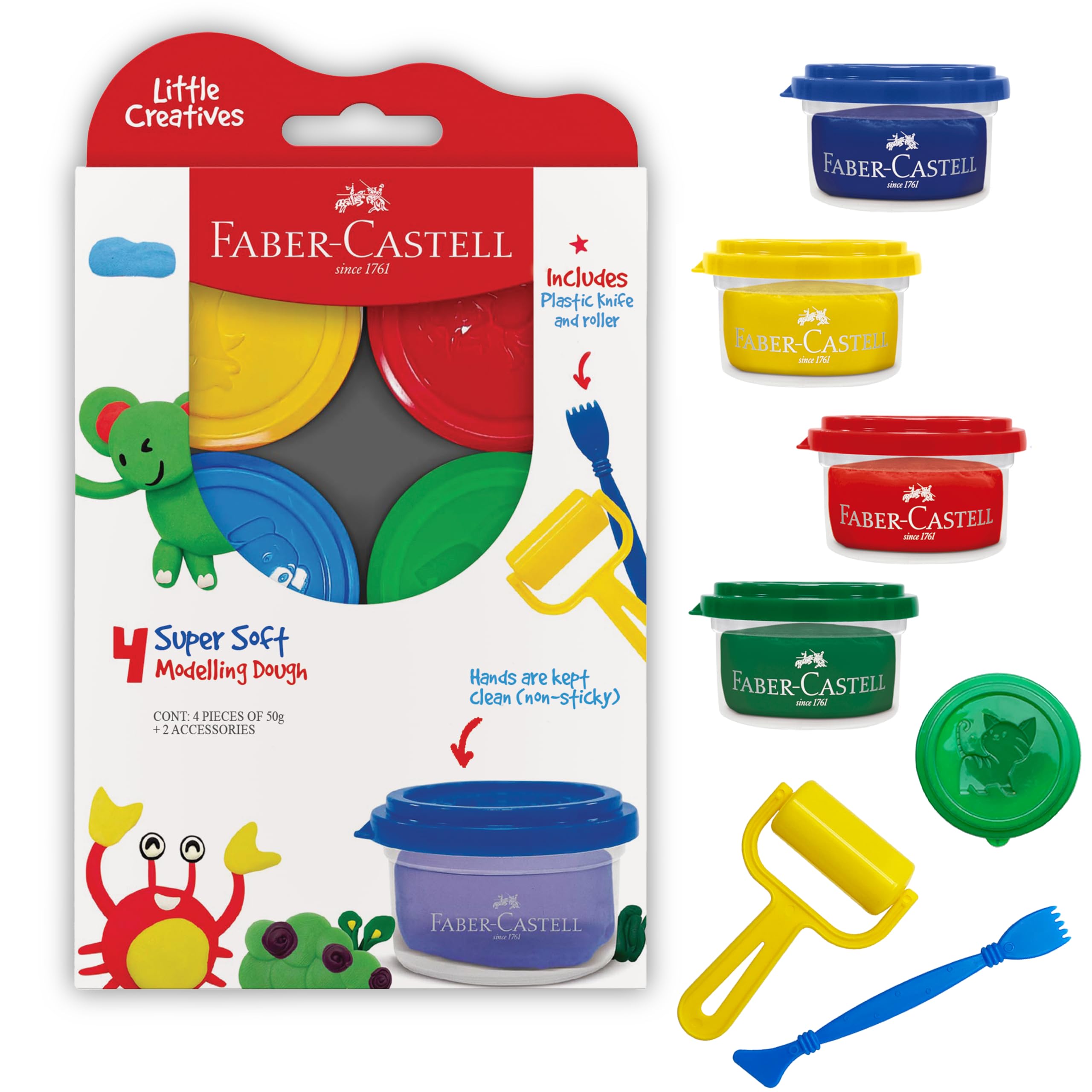 Faber-Castell Little Creatives Super Soft Modeling Dough: 4 Classic Colors and Play Dough Accessories, Non Toxic Playdough Kit for Toddlers, Gifts for Kids and Preschool (Ages 3+)