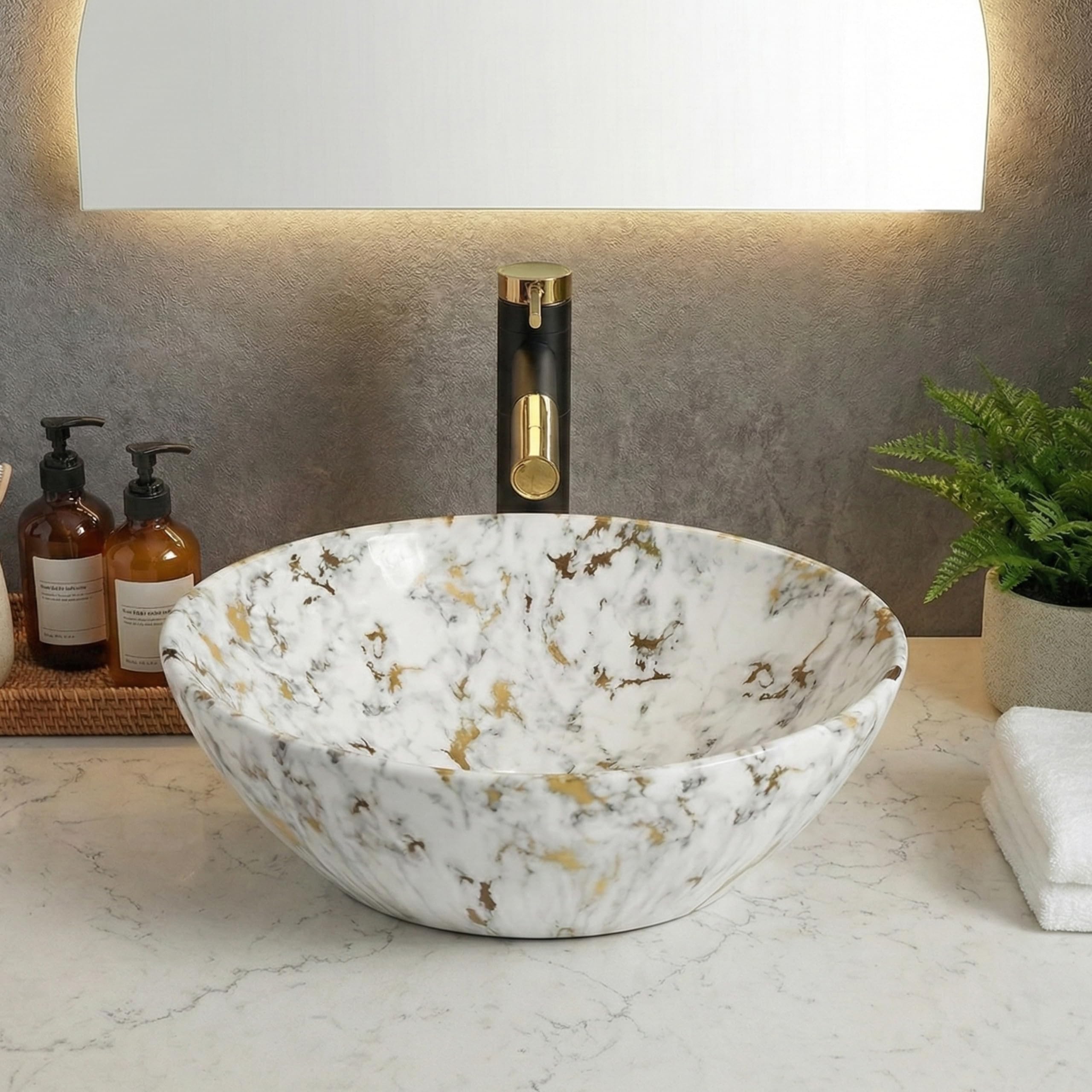 BASSINO 16x13x5.5 Inches Table Top Washbasin/1 Year Warranty/Ceramic Wash Basin for Bathroom/Boat-Cut Shape Counter Top Wash Basin for Dining Hall/Living Room/Tabletop Sink(Mix White Marble) 4