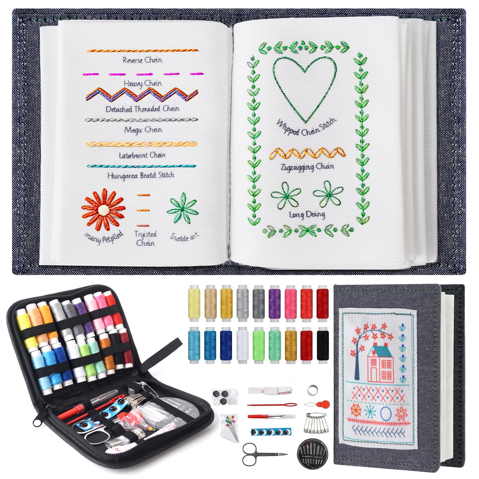 2026 Embroidery Stitch Book Kit,DIY Sewing Knit Book with Needle Thread Tool,Compact Portable for Home Travel Use Mini Sewing Kit,Perfect Craft Gift for Beginners,Adults,Embroidery Enthusiasts