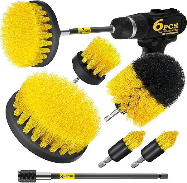 Holikme 6Pack Drill Brush Power Scrubber Cleaning Brush Extended Long Attachment Set All Purpose Drill Scrub Brushes Kit for Grout, Floor, Tub, Shower, Tile, Bathroom and Kitchen Surface，Yellow