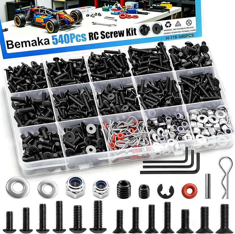 540Pcs RC Screw Kit, Universal Hardware Fasteners with Screws, Nuts, Washers, Clips, O-Rings & Pins, Fit for 1/8 1/10 1/12 1/16 Scale RC Crawler Truck Buggy Car Repair Replacement Parts