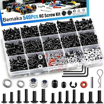 540Pcs RC Screw Kit, Universal Hardware Fasteners with Screws, Nuts, Washers, Clips, O-Rings & Pins, Fit for 1/8 1/10 1/12 1/16 Scale RC Crawler Truck Buggy Car Repair Replacement Parts