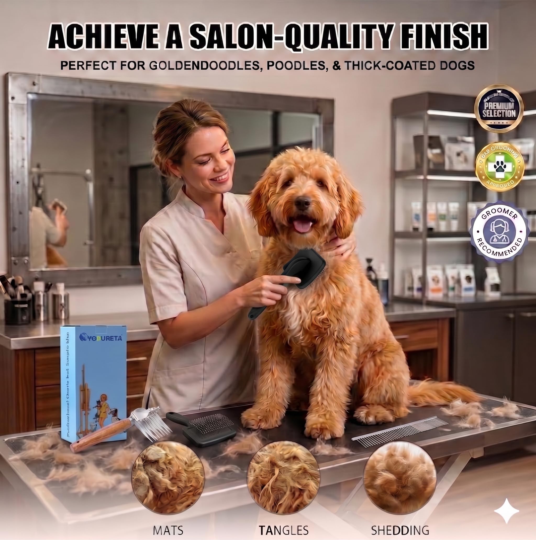 Grande brosse à démêler pour chiens – Brosse longue pour tapis et perte de poils sur chiens à poils longs, gribouillages, caniches, dorés, labradoodle, kit de toilettage 3 pièces avec manche