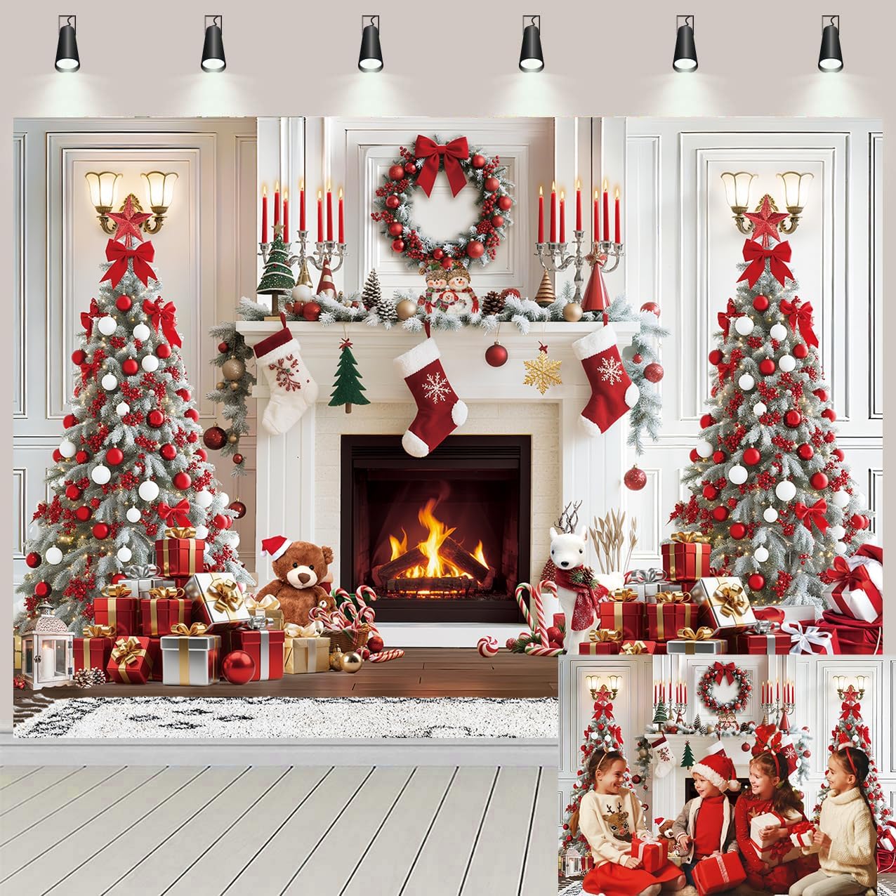 Christmas Fireplace Backdrop White Red Christmas Tree Photography Background Winter Holiday New Year Family Party Decoration Banner Photo Booth Props (8x6FT: 96x72 inch)