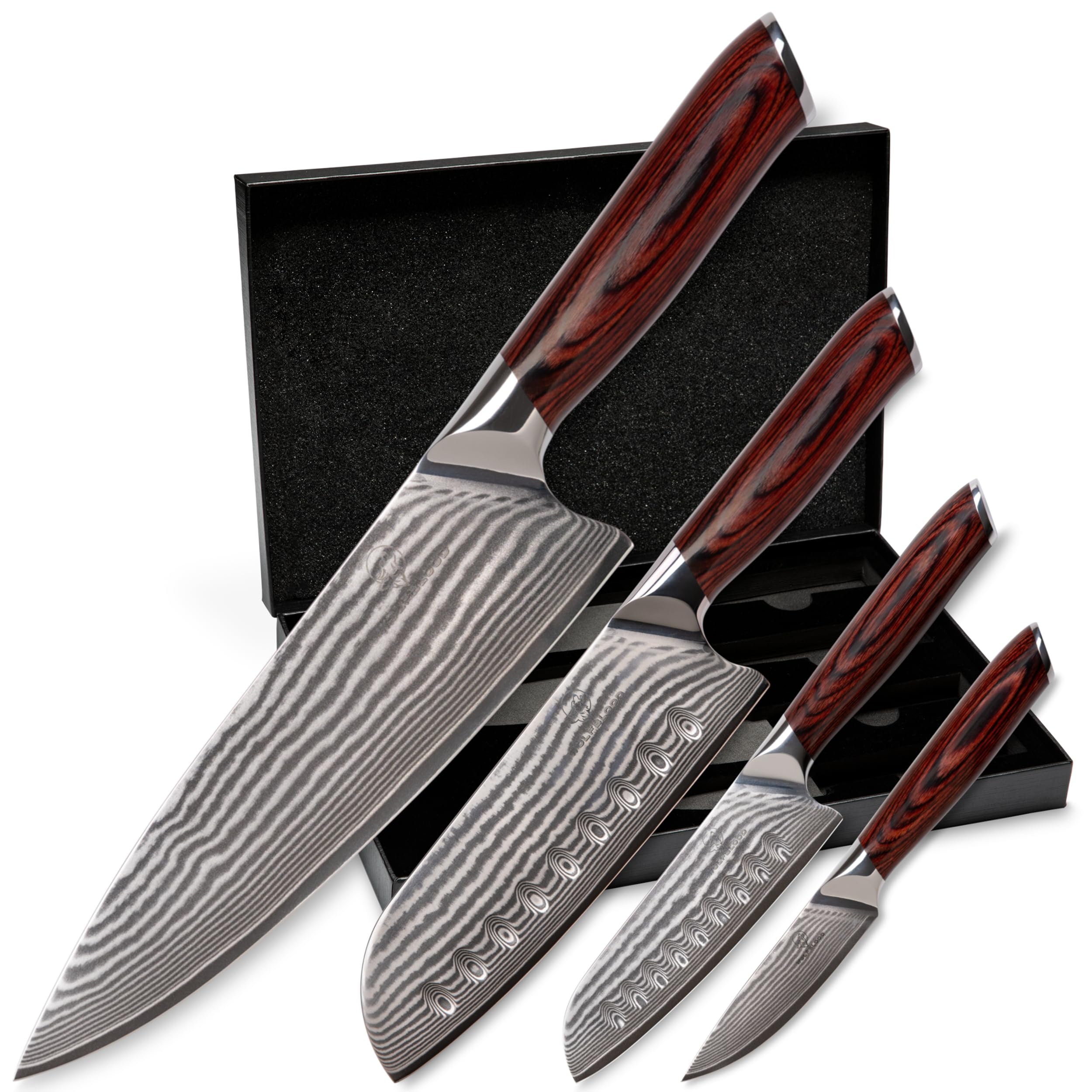 Wolfblood 4er Damastmesser Set (32, 30, 24 und 21 cm) TÜV geprüfter 62 HRC Damaststahl aus 67 Lagen I Damast Küchenmesser Set mit Chefmesser Santokumesser Kirschholzgriff Klingenschutz & Geschenkbox