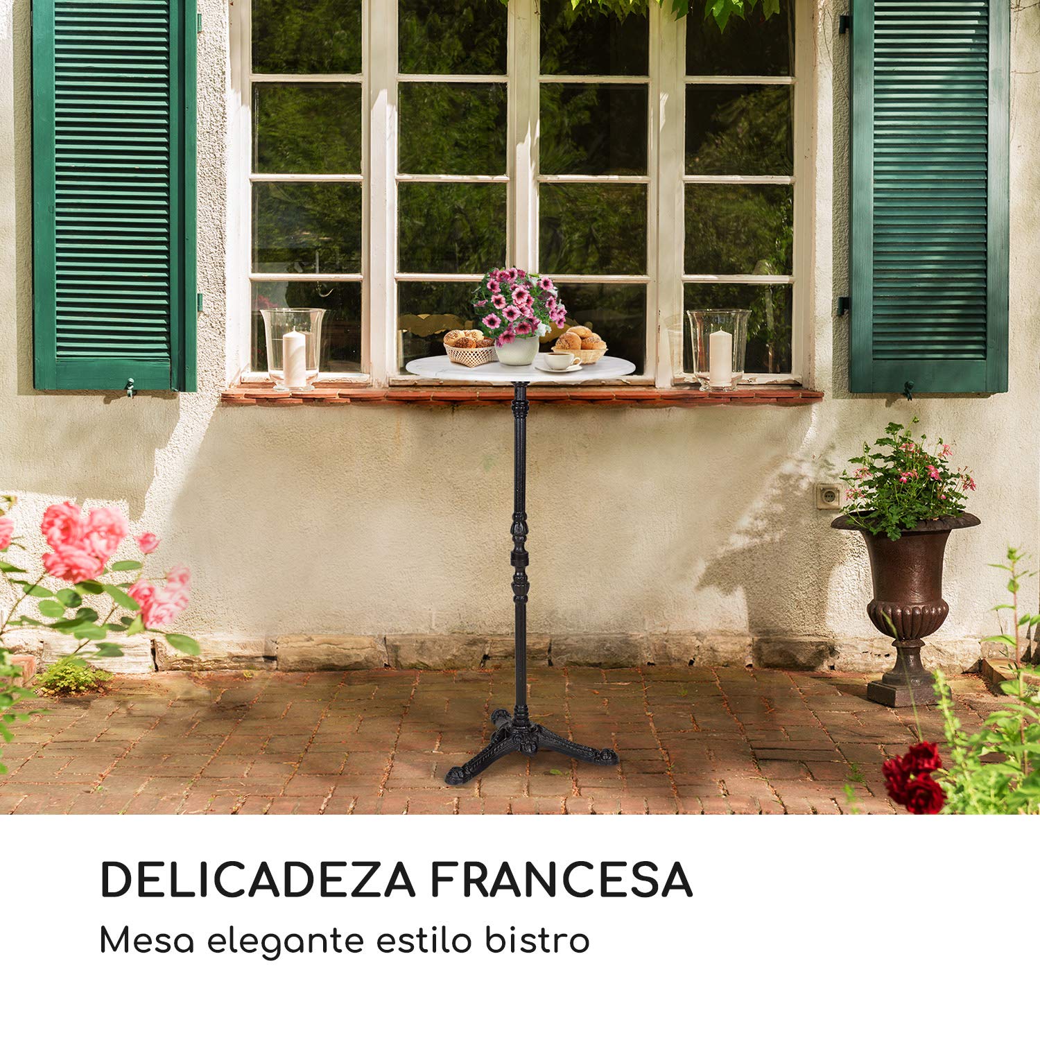 blumfeldt Patras Taverna Mesa Bistro - Mesa Alta con Borde Decorativo, de Bar con Base de Hierro Fundido, Interior y Exterior, Impermeable y Resistente a Heladas, 60 cm Dia, 110 cm, Blanco