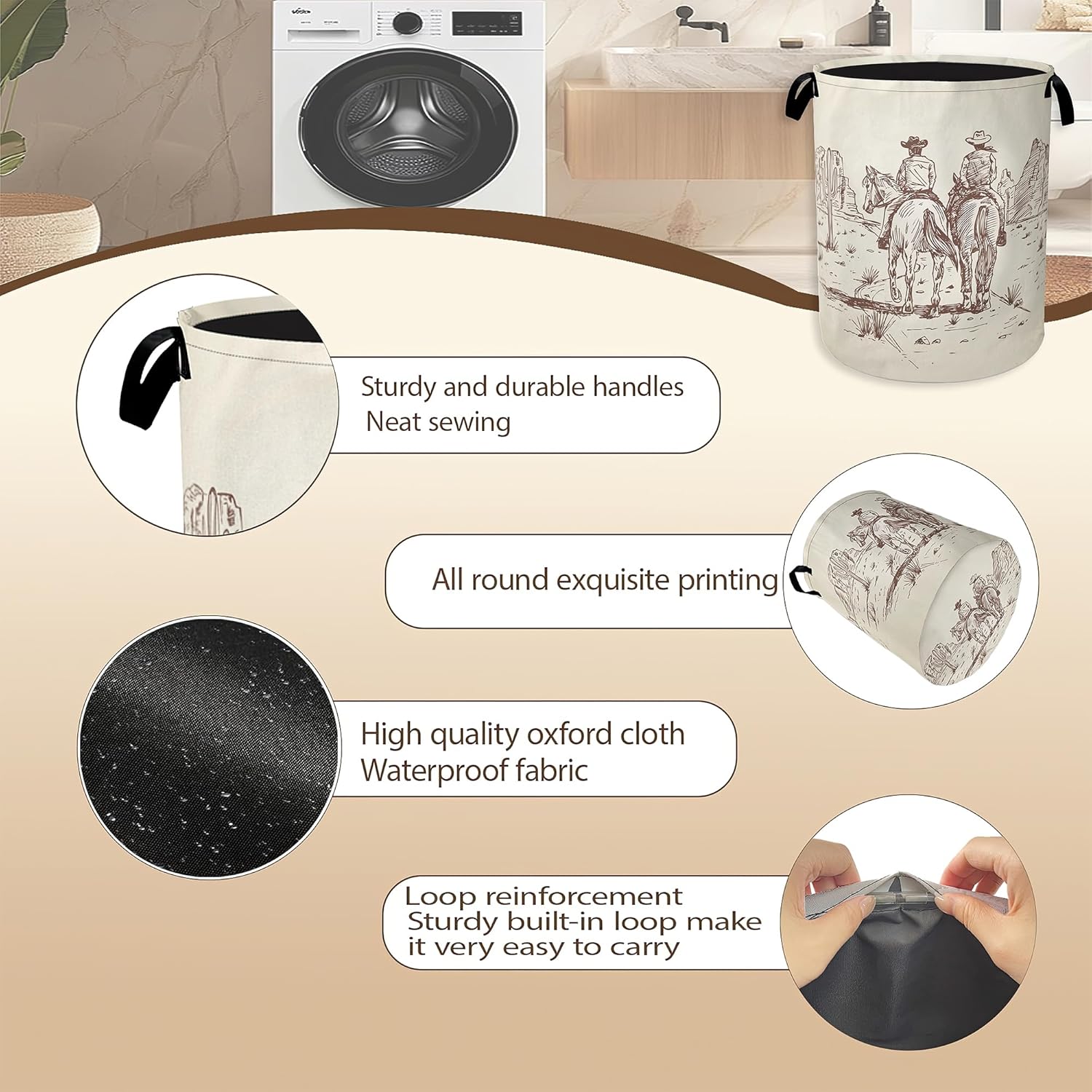 Western Cowboy Laundry Hamper,Vintage Clothes Hamper for Laundry,Waterproof Oxford Toy Storage Collapsible Hampers for Bedroom, Dorm Room,Bathroom,16x20 Inch