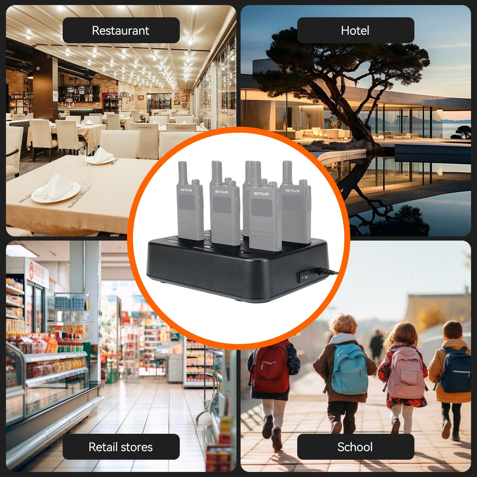 Retevis RT622P Walkie Talkie Cargador, Base de Cargador de Seis Vías para 6 Walkie Talkies PMR 446, Base de Carga Compatible con Retevis RT622P B63H B63S B63B Radio Ideal para Restaurante (1 pcs)