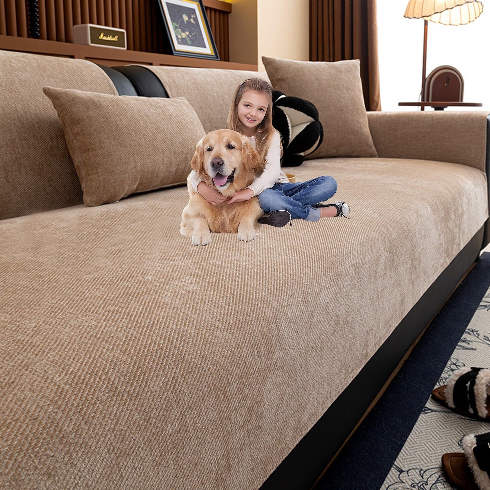 Chenille Sofa Cover, Non-Slip Washable Pet Sofa Protector, 2 3 4 Seater & L/U Shaped Sectional Couch Covers For Living Room Furniture Dust Cover(Coffee 2,90x90cm)