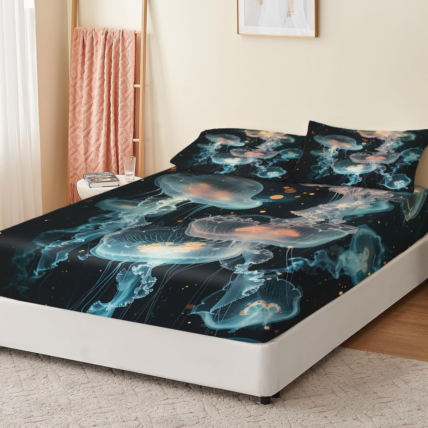 Print Fitted Sheet Set King Size for Kids Boys Girls, Bed Sheets Jellyfish Pattern Fitted Sheet Adults Flat Sheet Soft Luxury, Home Room Decor 4Pcs