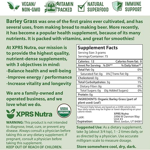 Miniatura 7 de XPRS Nutra Polvo orgánico de hierba de cebada - 8 onzas de cebada en polvo de alta calidad rico en antioxidantes, aminoácidos y proteínas,