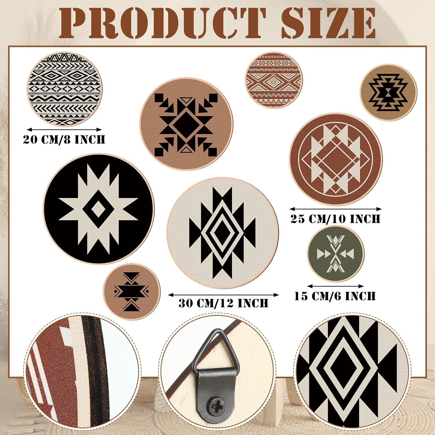 Geelin 9 Pieces Aztec Wall Decor Abstract Boho Wall Art Prints Wooden Sign Hanging Bohemian Modern Diamond Patterns for Home Living Room, 4 Sizes(Stylish Style)