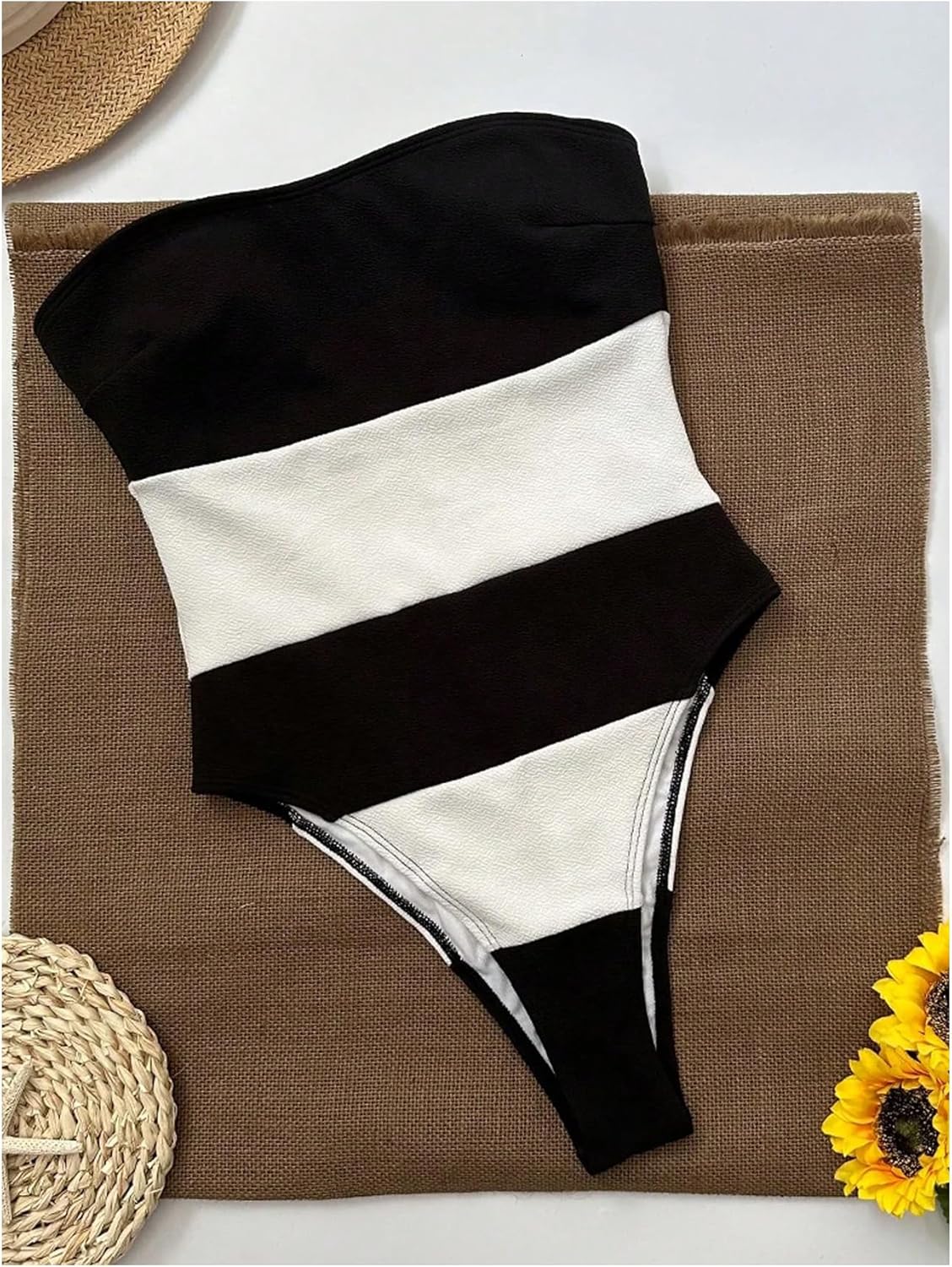 WDIRARA Women's One Piece Color Block Strapless Swimsuit High Cut Bandeau Bathing Suit - Image 3