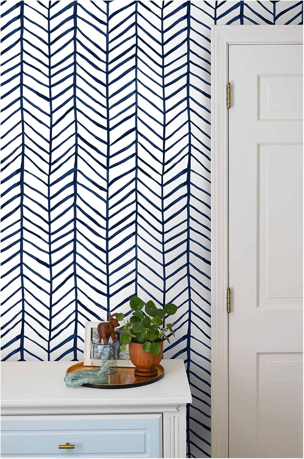 HAOKHOME 96020-2 Modern Stripe Peel and Stick Wallpaper for Bedroom Herringbone Navy Blue Vinyl Removable Decoration 17.7in x 9.8ft - - 