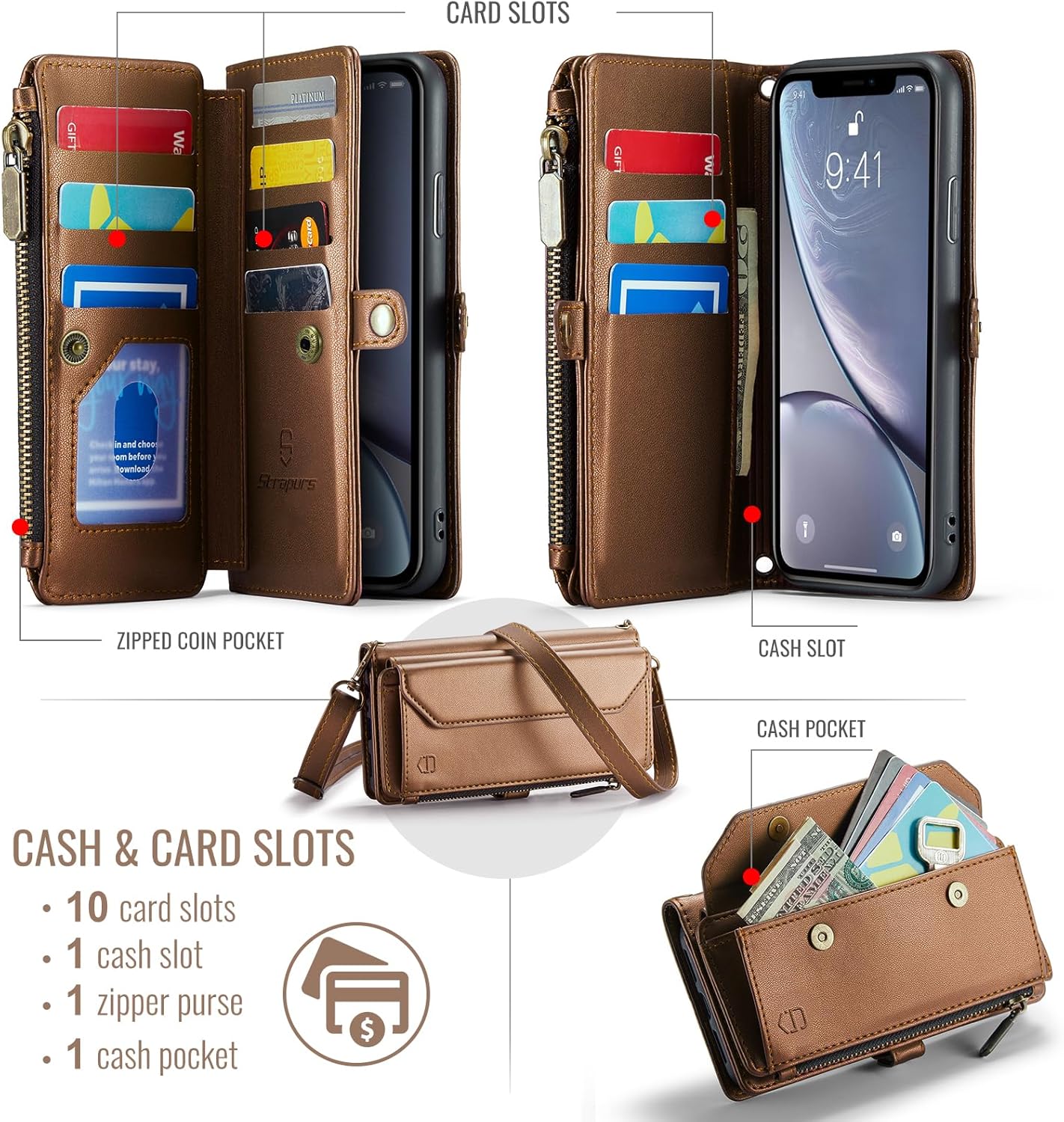 Strapurs Crossbody Wallet Case Compatible with iPhone XR RFID Blocking 7-Card Holder Soft PU Leather Magnetic Snap Shoulder Strap Zipper Pocket Purse Phone Case Wallet Fit for iPhone XR 6.1" - Brown