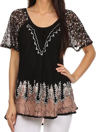 Sakkas Cora Relaxed Fit Batik Design Embroidery Cap Sleeves Blouse/Top