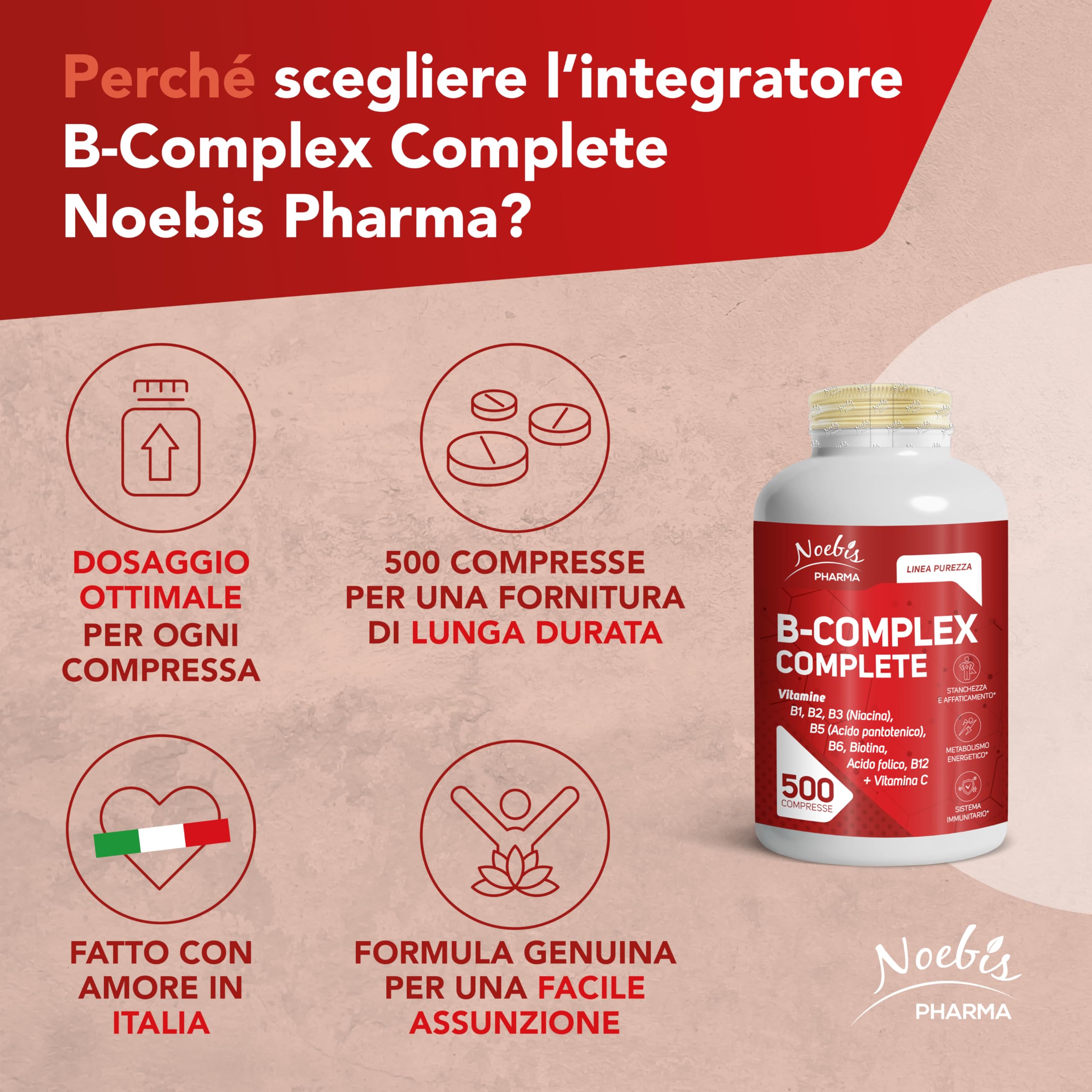Vitamina B Complex Noebis Pharma con Vitamina C - B1 B2 B3 B5 B6 Biotina Acido Folico B12-500 Compresse Maxi Scorta (Confezione da 4)
