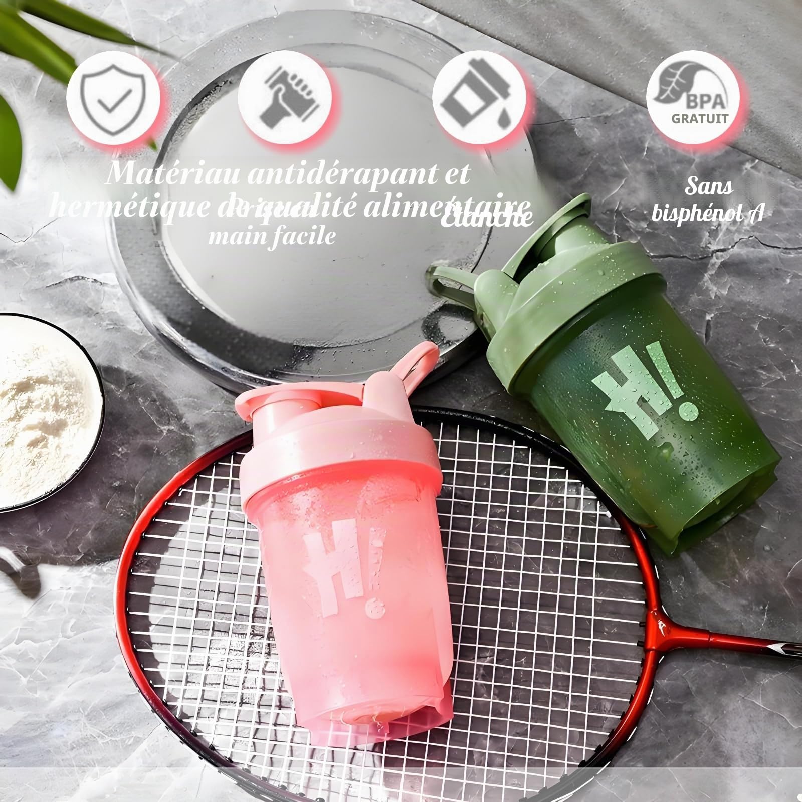 Tokaneit 2 Pièces Bouteille Shaker Protéines Étanche, Shaker Proteine Sans Bpa, Avec Boule en Spirale, 2 Brosse en Mousse, Portable, Facile à Nettoyer, pour Compléments Sportifs, 350ml