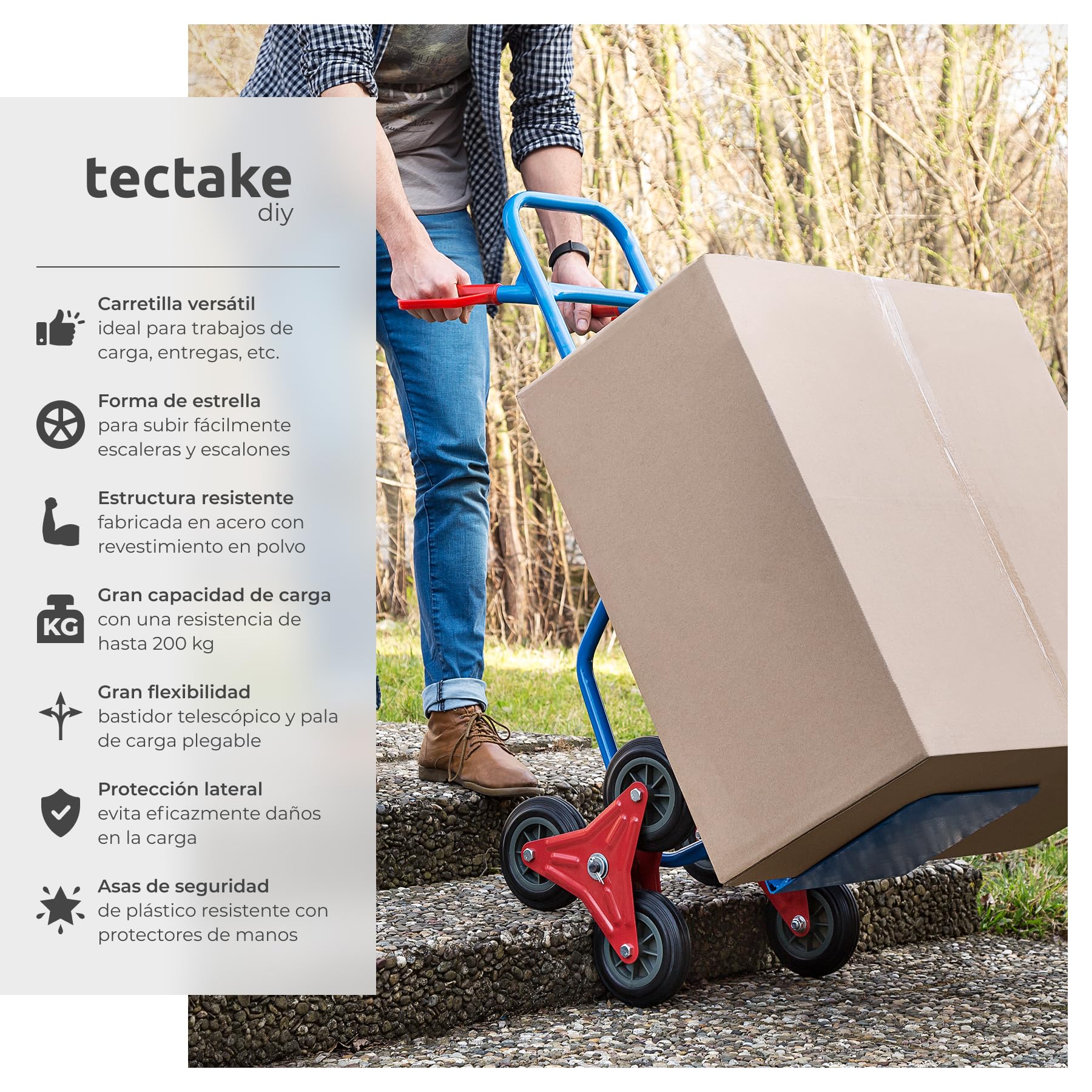 TecTake® Carretilla de Mano Plegable con Ruedas de Goma Dura, Altura Ajustable, Pala de Carga Plegable con Guardabarros, Ruedas para Subir Escaleras, Carretilla de Carga - 200kg de Carga