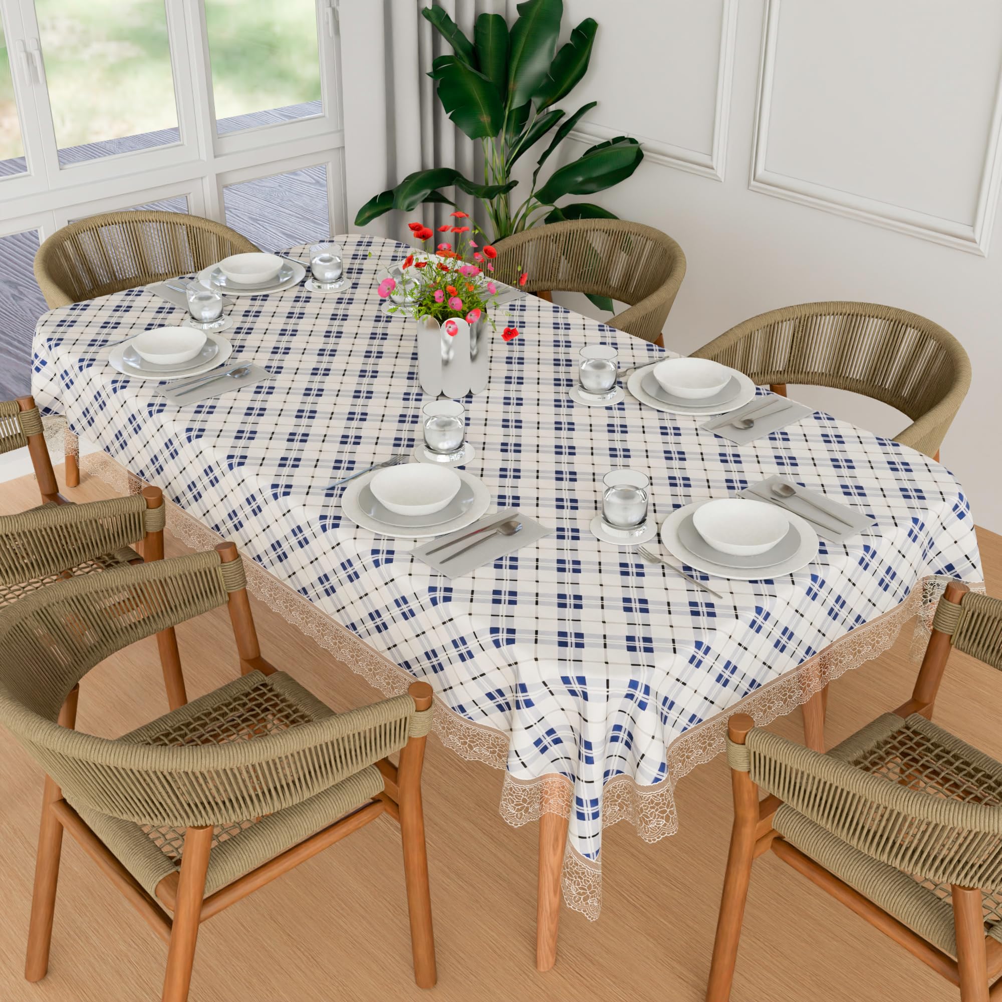 Kuber Industries Dining Table Cover - 60x90 Inch, 6 Seater, PVC Waterproof Cloth for Kitchen - Blue Check, White
