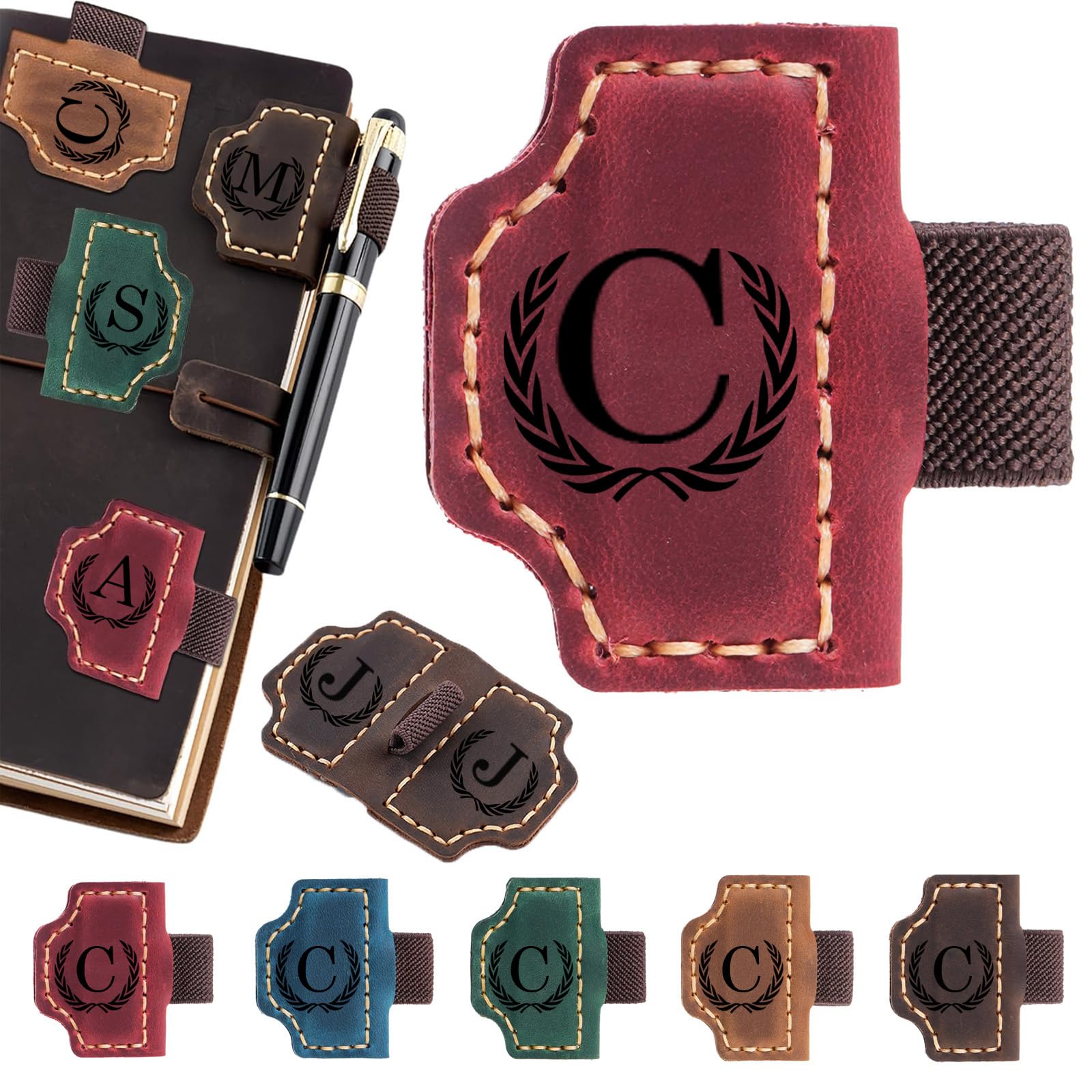 Artlaza Personalized Magnetic Leather Bookmark with Pen Holder - 26 Letters Custom Book Mark with Name Initial Engraved Book Marker for Readers, Book