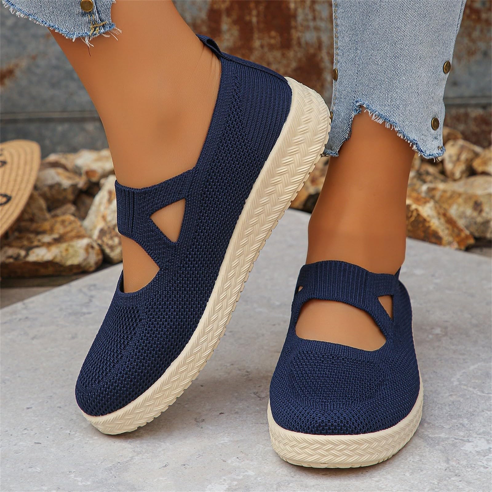 Sneaker Damen Bequem Mary Jane Ballerinas Mesh Atmungsaktive Slipper | Weich Strick Flache Schuhe Bequem Sommerschuhe, Ohne Schnüren Freizeitschuhe Leicht Walkingschuhe Für Arbeit, Reisen