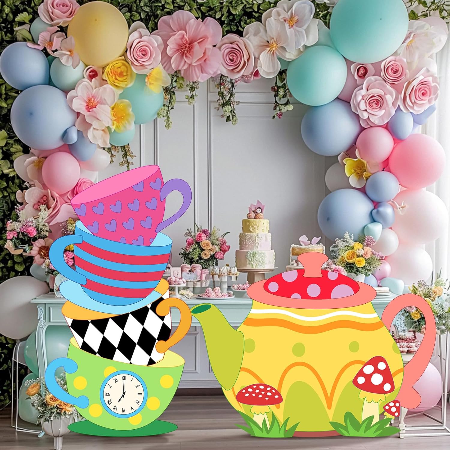 Novabright 4 ft Stacked Teacups and Teapot Cardboard Cutout Stand-up Wonderland Theme Party Decorations Large Photo Booth Props Backdrop for Tea Party Sign Birthday Wedding Baby Shower Supplies