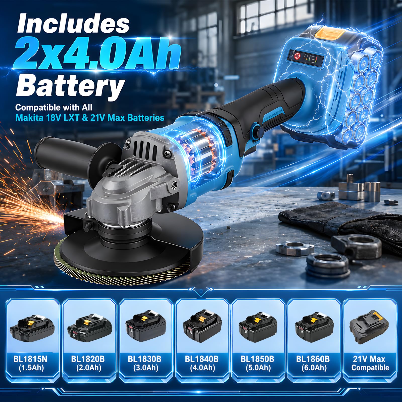 Amoladora angular inalámbrica, motor sin escobillas de 125 mm, lijadora de batería Flex de 20 V, cubierta de cierre rápido, mango antivibración, 2 lijadoras, 2 compartimentos, 2 discos de corte