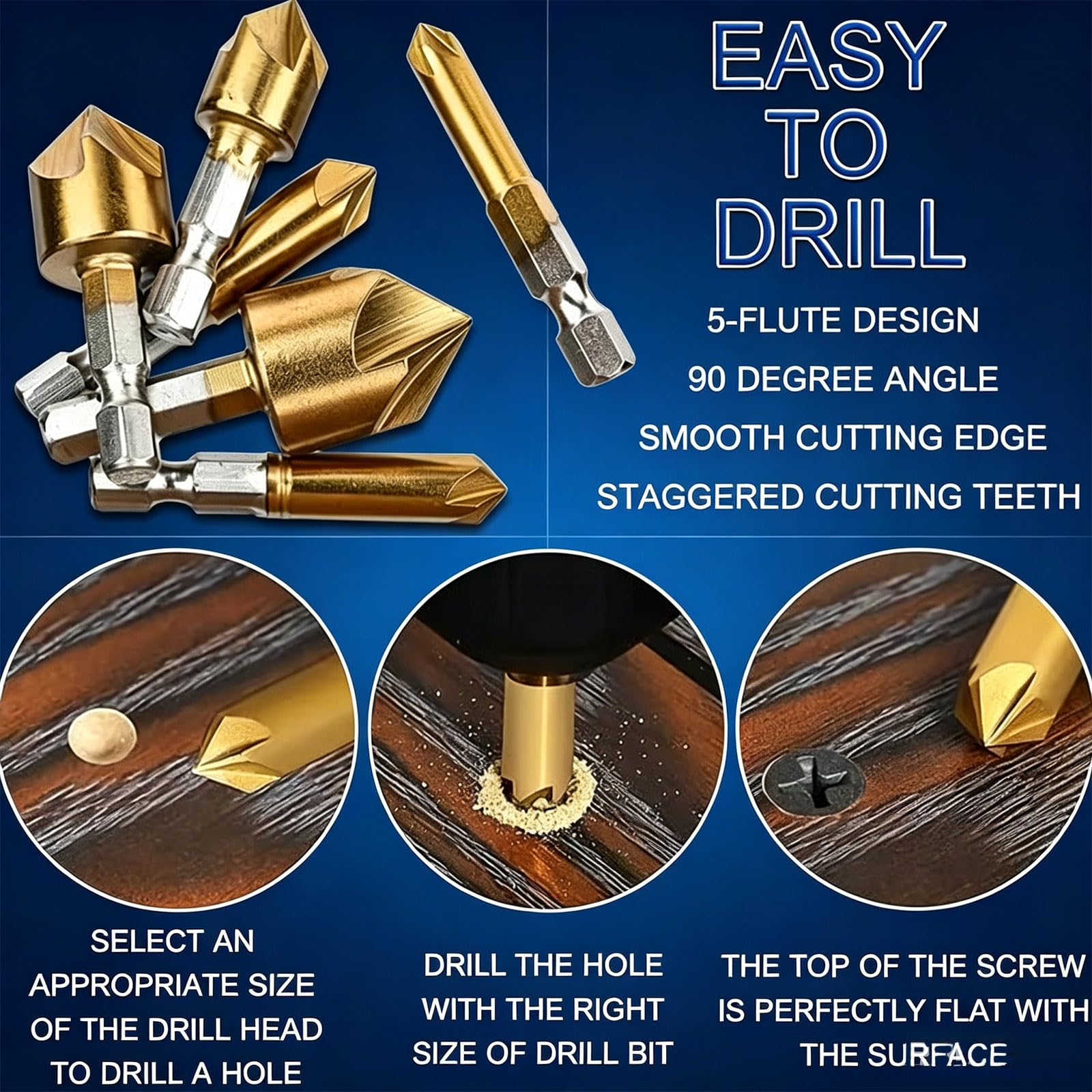 Set di 6 punte per trapano svasate, 90 gradi, rivestite in titanio, 5 scanalature, codolo esagonale, per legno e metalli morbidi, 1/4 a 3/4"