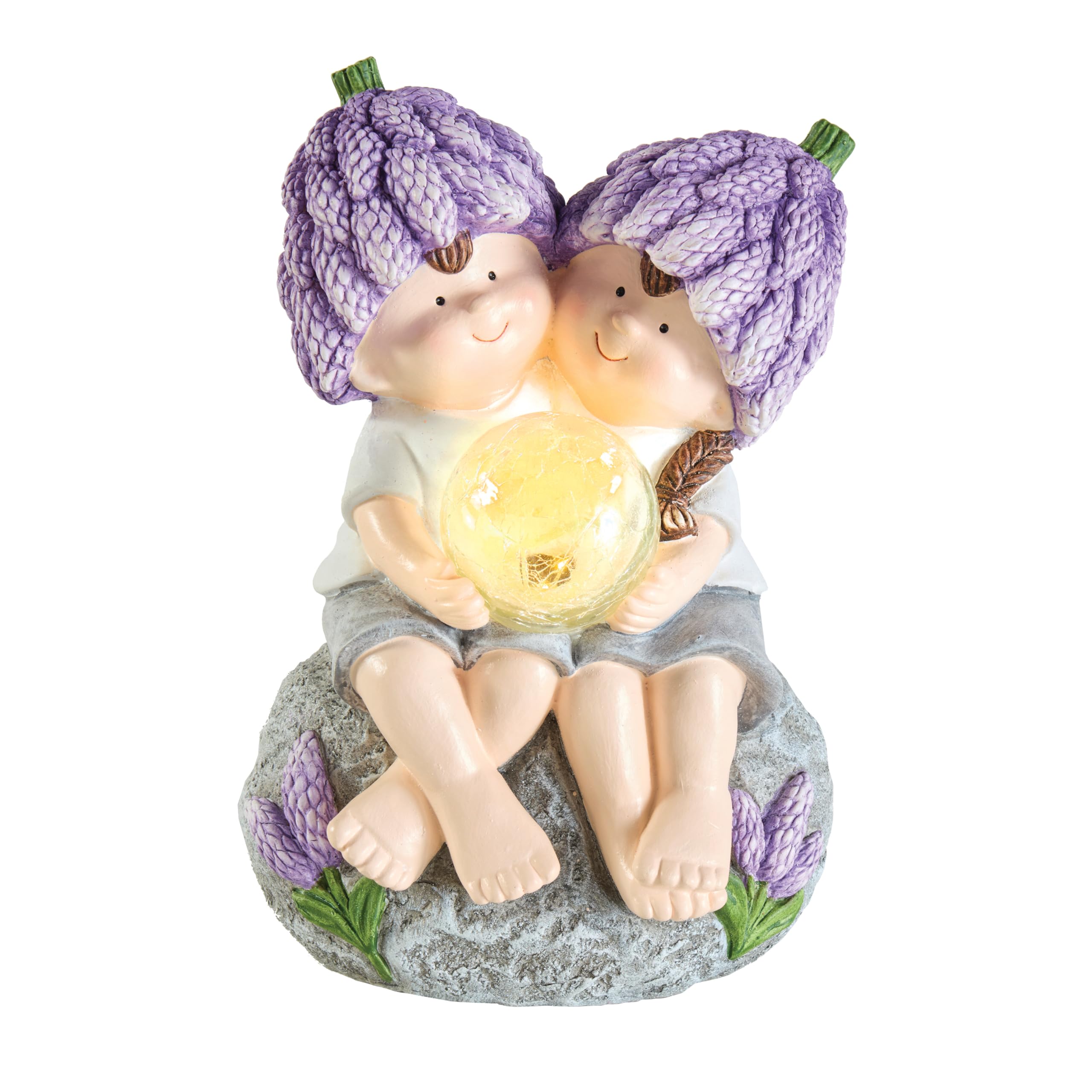 Coopers Of Stortford Boys Various - Solar And Girl Garden Ornament With Crackled Glass Globe - Weatherproof Outdoor Decoration, Warm White Solar Light For Patios