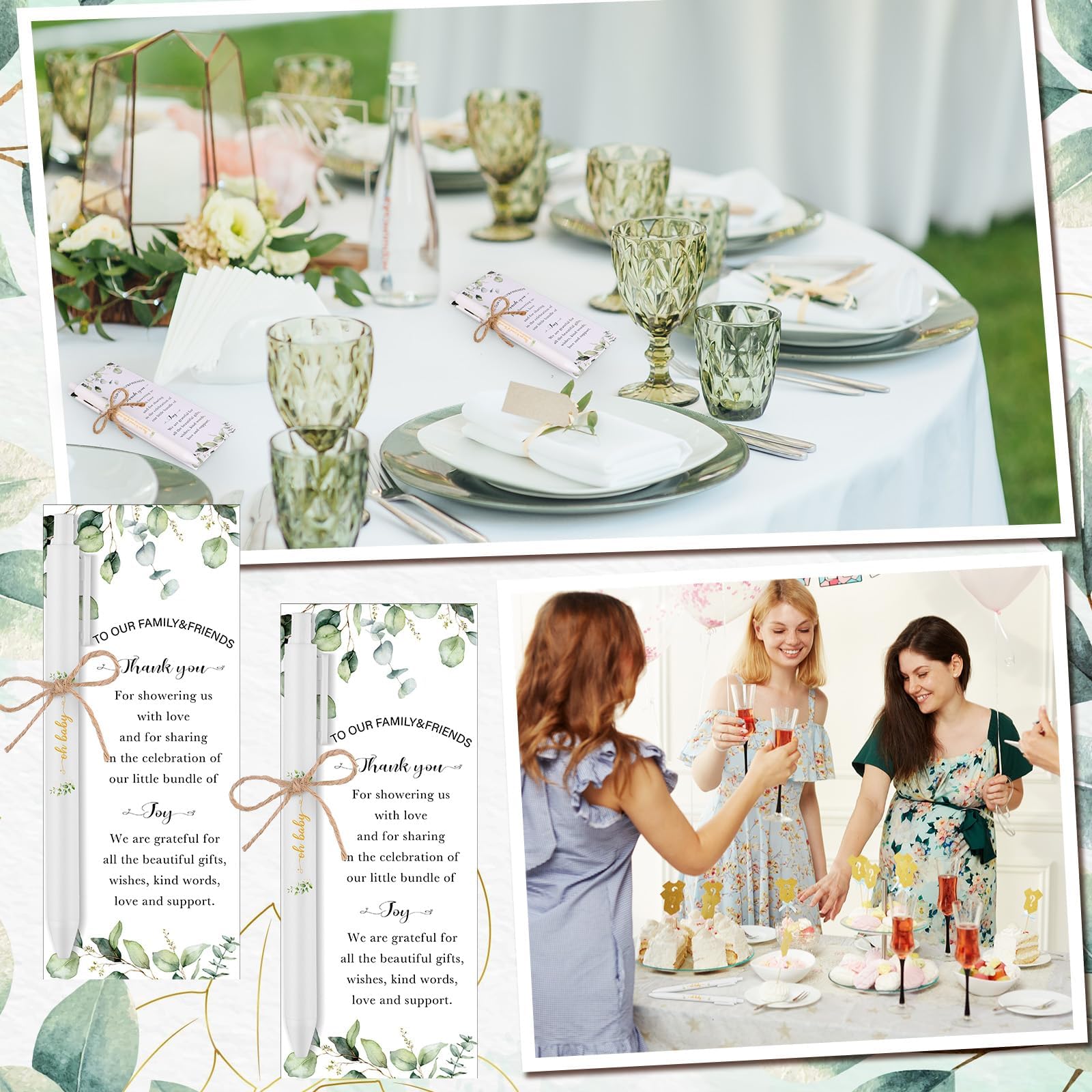 Set Di 36 Penne A Sfera Per Baby Shower Con Biglietti Di Ringraziamento | Bomboniere Con Tema Foglie Verdi Per Feste Di Rivelazione Genere