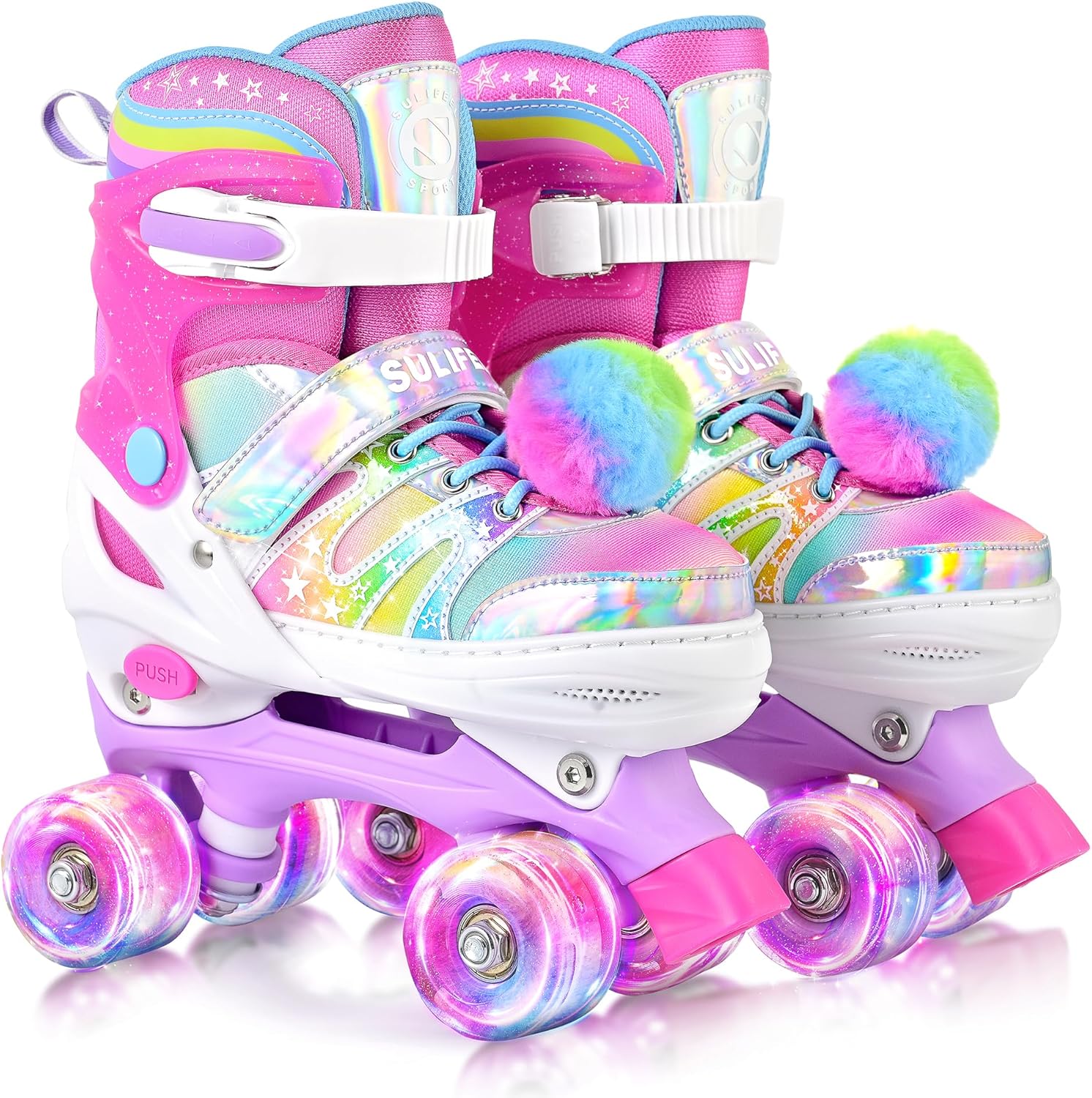 SULIFEEL Rainbow Tie-Dye Adjustable Roller Skates for Girls Kids Ages 3-5 5-8 6-12 Pink Purple Light Up Skate with Fluffy Pom Poms Triple Protection for Indoor Outdoor Skating Rose Red Medium-Big Kid (13C-3 US)