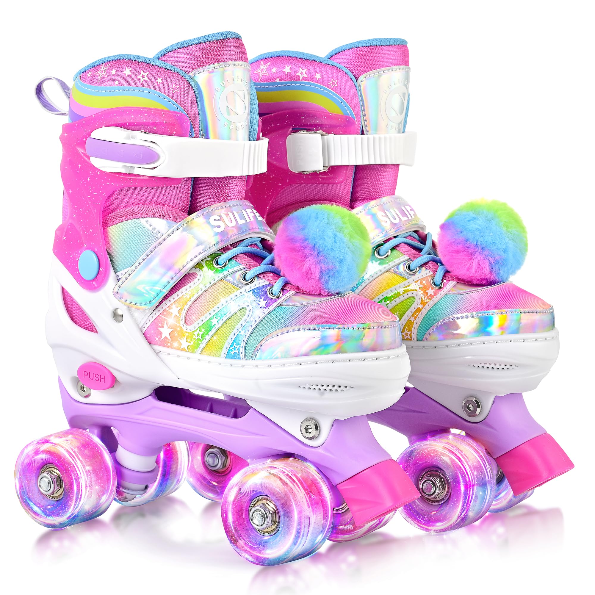 SULIFEEL Rainbow 홀치기 염색 조절 가능한 롤러 스케이트, 만 3-5 5-8 6-12세 여아용 핑크, 퍼플 라이트업 스케이트, 푹신한 폼폼 포함, 3중 보호, 실내 실외 스케이팅용
