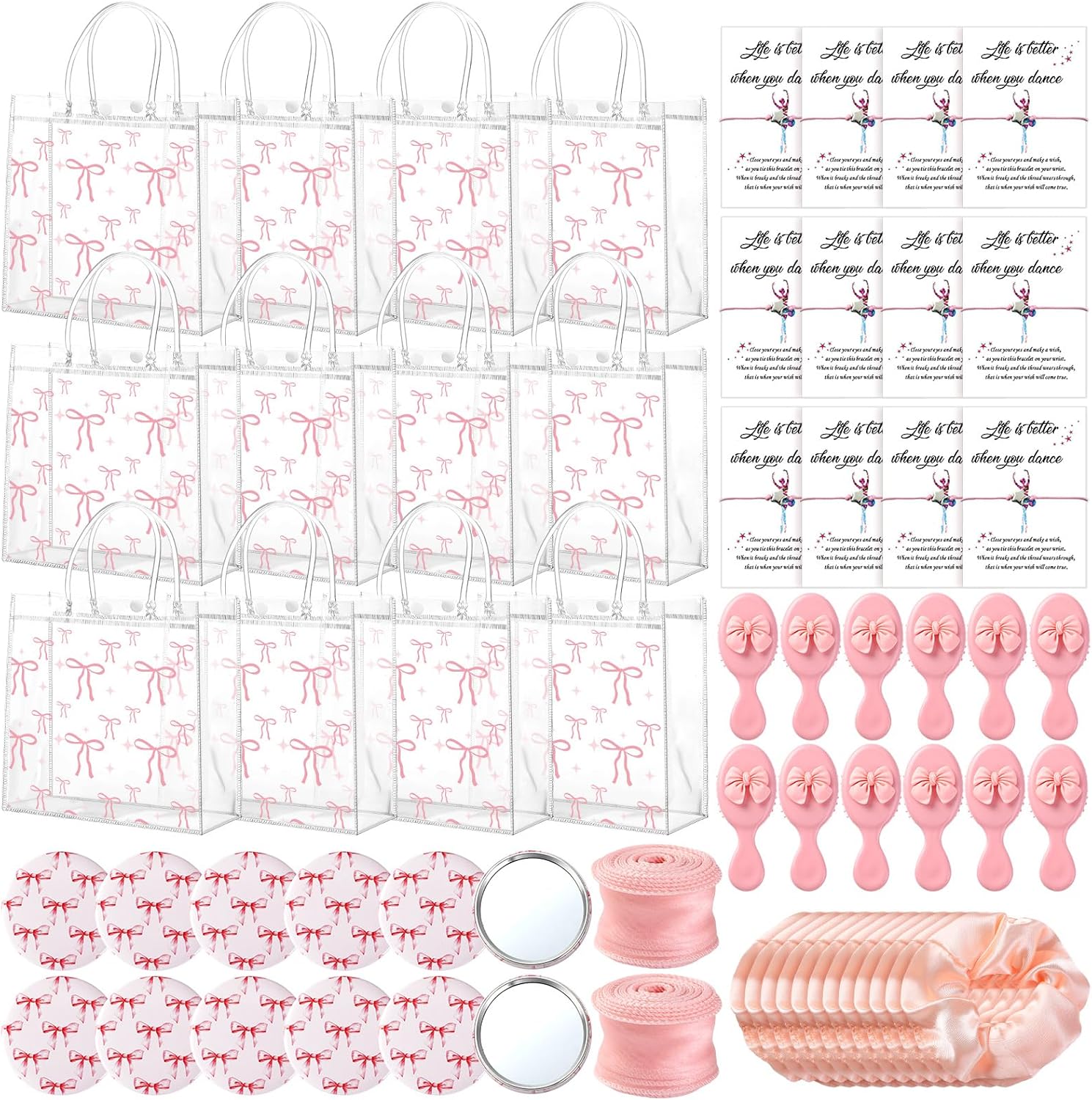 12 Sets Pink Coquette Bow Ballerina Party Favors Dance Birthday Party Supplies Include Scrunchies Hair Brushes Card Compact Mirror Bracelet Gift Bags Ballerina Team Gifts for Women Dancers