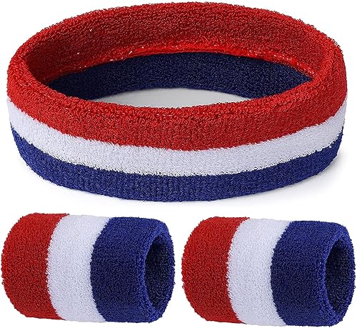 Miniatura 8 de ASTER Juego de 3 bandas para el sudor, juego de pulseras deportivas, incluye 1 diadema deportiva y 2 pulseras para el sudor, absorbe la humedad y