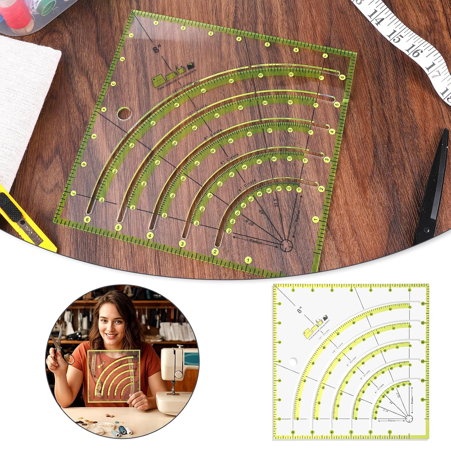 8 Inch Acrylic Fabric Ruler Quilting Ruler Multifunctional Arc Guide Cutting Square Ruler Quilt Circle Cutter Ruler Quilting Supplies and Tools for Quilting, Sewing, Crafts, Pattern Making