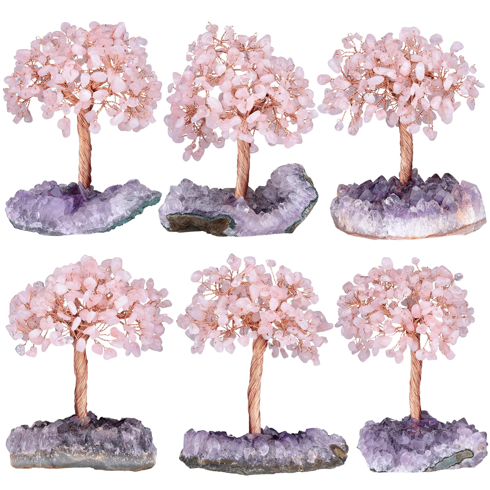 Nupuyai Quarzo rosa albero della vita in pietra su base geodo di ametista naturale, Feng Shui albero di cristallo fatto a mano per la decorazione di interni e Reiki Chakra