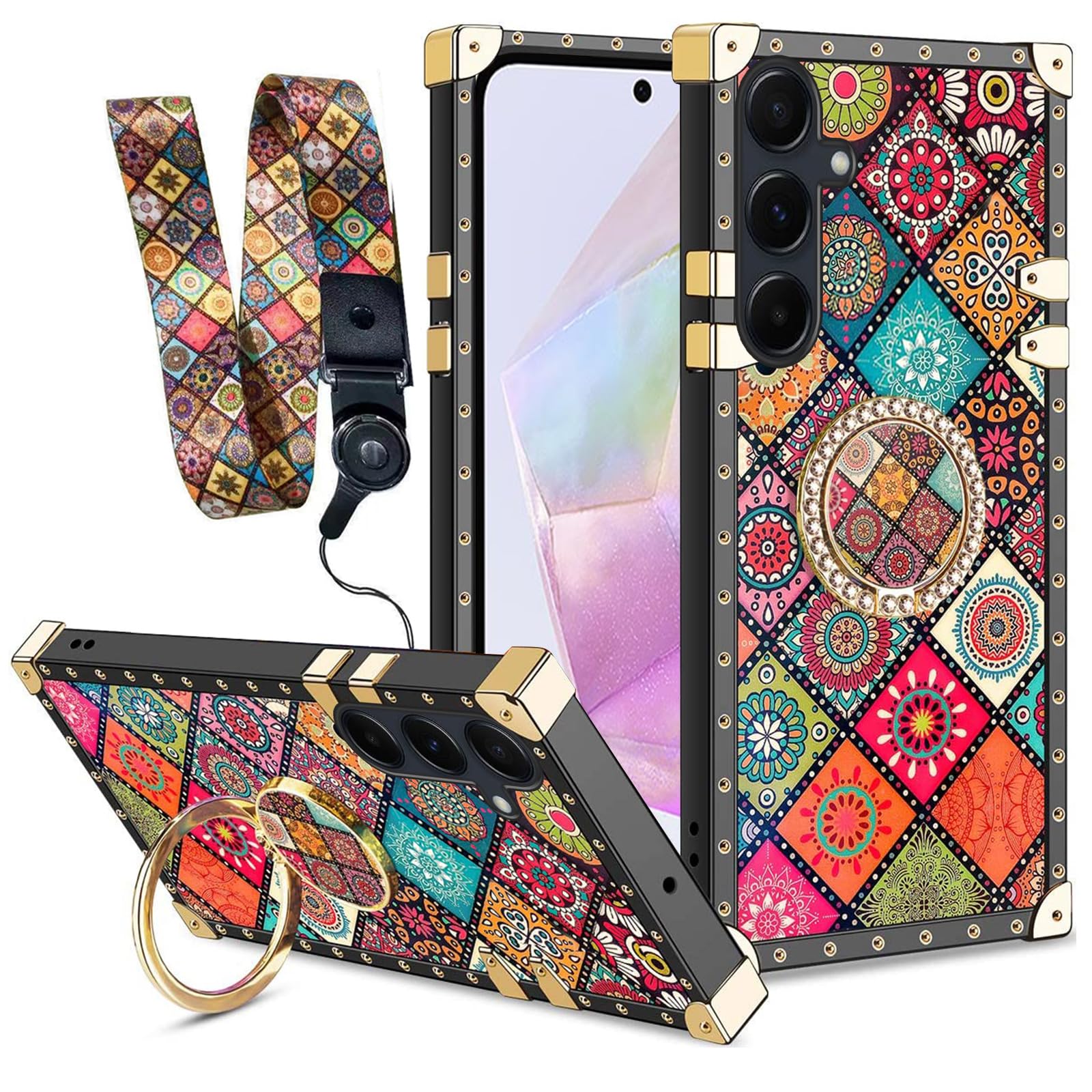 nancheng for Samsung Galaxy A35 5G Phone Case with Ring Stand Strap Lanyard Flower Retro Pattern Metal Reinforced Corners Shockproof Protective Cover