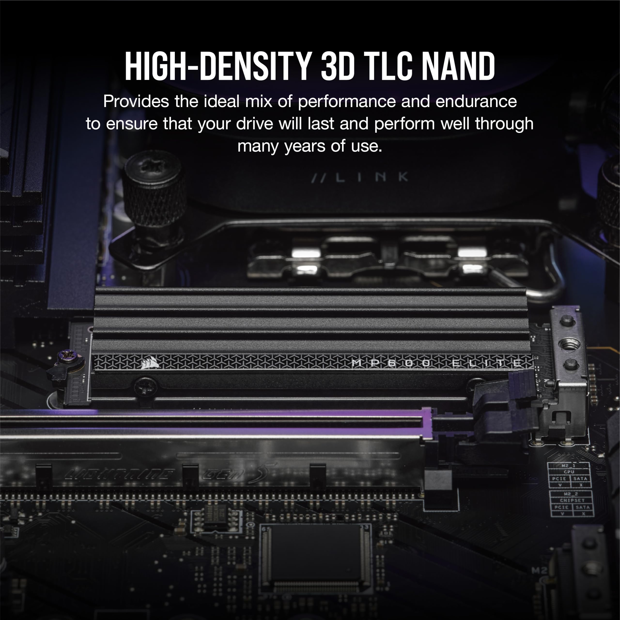Corsair MP600 Elite 1 to M.2 PCIe Gen4 x4 NVMe SSD avec Dissipateur Thermique Inclus - M.2 2280 - Jusqu'à 7 000 Mo/s en Lecture Séquentielle - 3D TLC NAND Haute Densité - Noir
