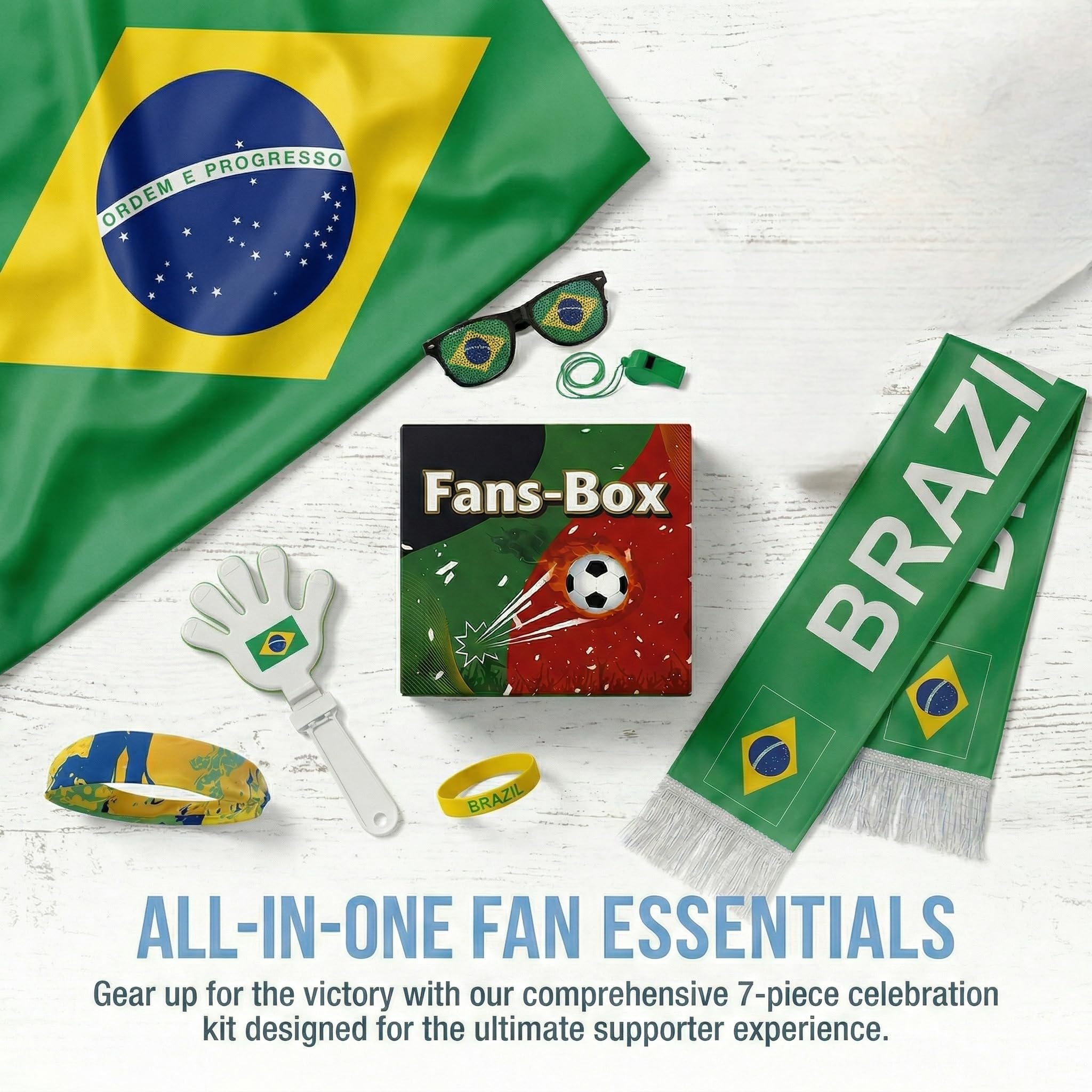 Soccer Fan Gear Set 2026-7 Piece Game Day Kit with Flag, Scarf, Glasses, Whistle, Clapper, Wristband & Headband in Gift Box - Watch Party & Stadium Essentials for Brazil - 4