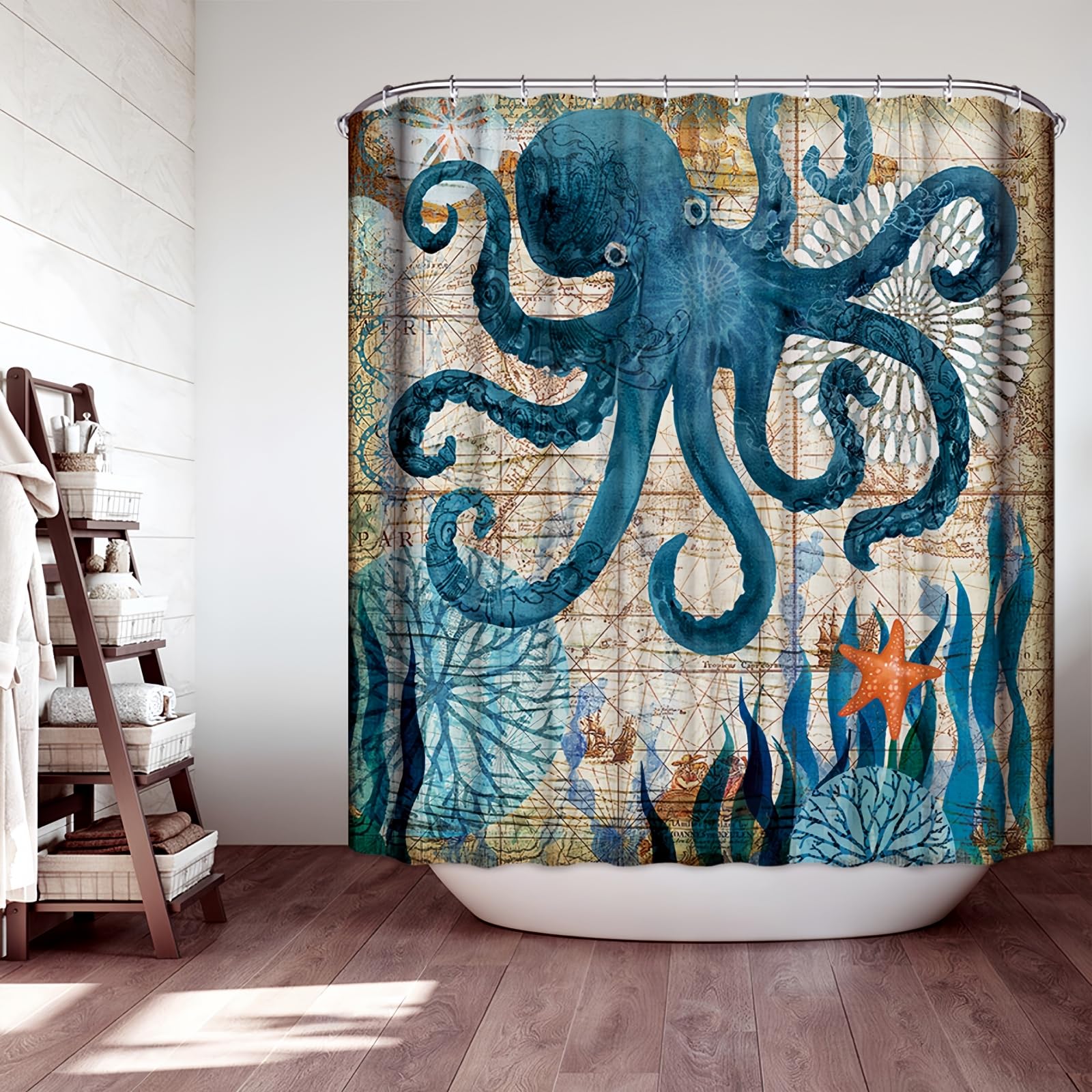 JMAHM Shower Curtain Ocean Mildew Resistant Polyester Shower Surtains Bathroom with 12 Hooks Bath Curtains Marine Organism Bathroom Curtains (180x180, Colorful-Octopus)
