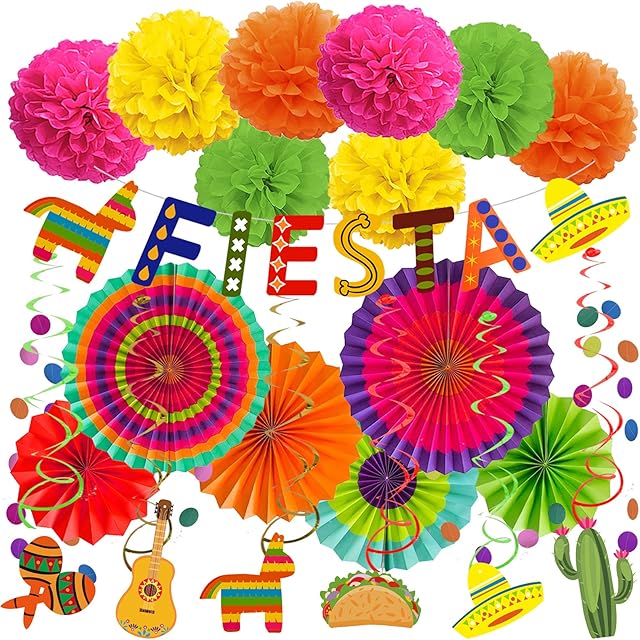 ZERODECO Fiesta Party Decorations, Multicolor Fiesta Banner Paper Fans Pompoms Garlands String Festival Theme Swirls for Fiesta Mexican Theme Cinco De Mayo Birthday Carnival Festival Party Supplies
