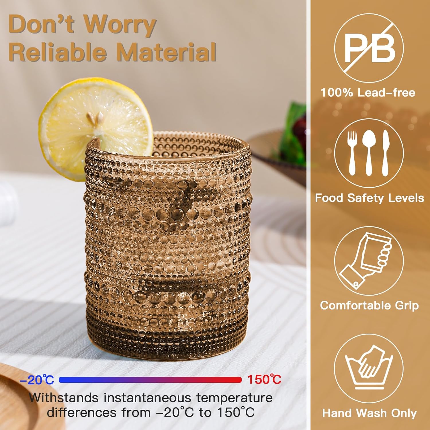 Brown Vintage Hobnail Drinking Glasses Set of 6, Embossed Water Tumbler 12oz, Kitchen & Bar Beaded Glass Cups, Beverage Glass Cups for Water, Beer, Juice, Housewarming and Mother's Day Gift