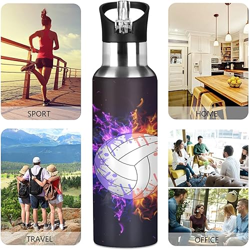 Miniatura 5 de TropicalLife Botella de agua deportiva de voleibol con aislamiento y pajilla, botella de acero inoxidable al vacío, termo a prueba de fugas para