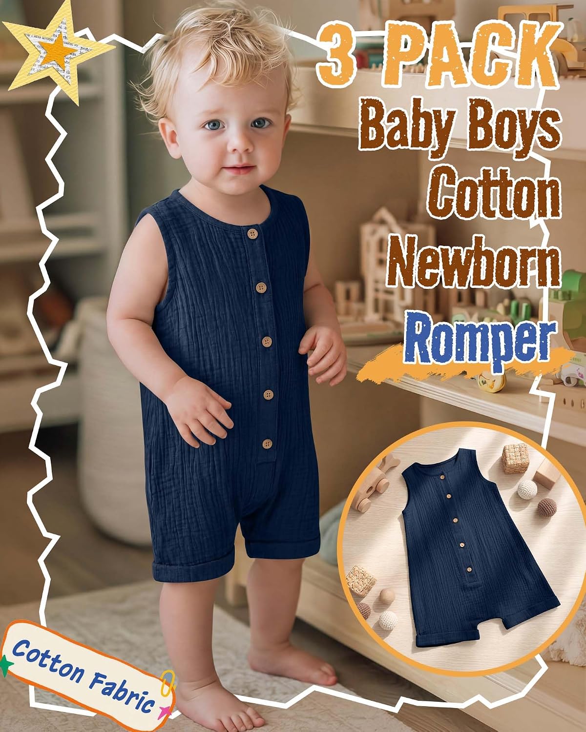 Halfchet 3 Pack Baby Boys Jumpsuit Cotton Newborn Romper Sleeveless Button Infant Playsuit Summer Outfit Clothes 0-24M