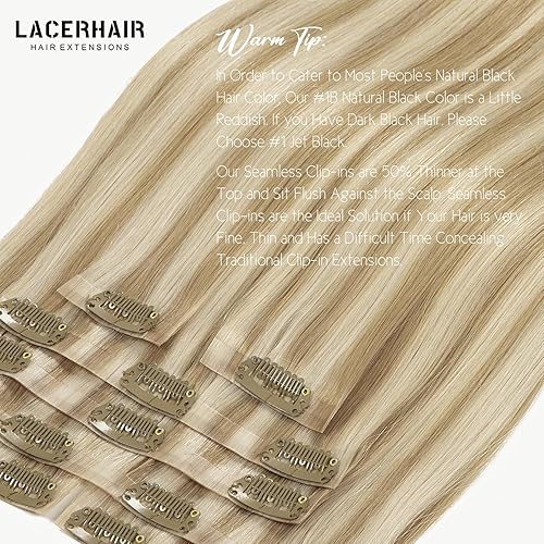 Vista 183 de Lacer Extensiones de cabello humano con clip, de doble trama, cabello brasileño de cabeza completa, color negro azabache, extensiones de cabello