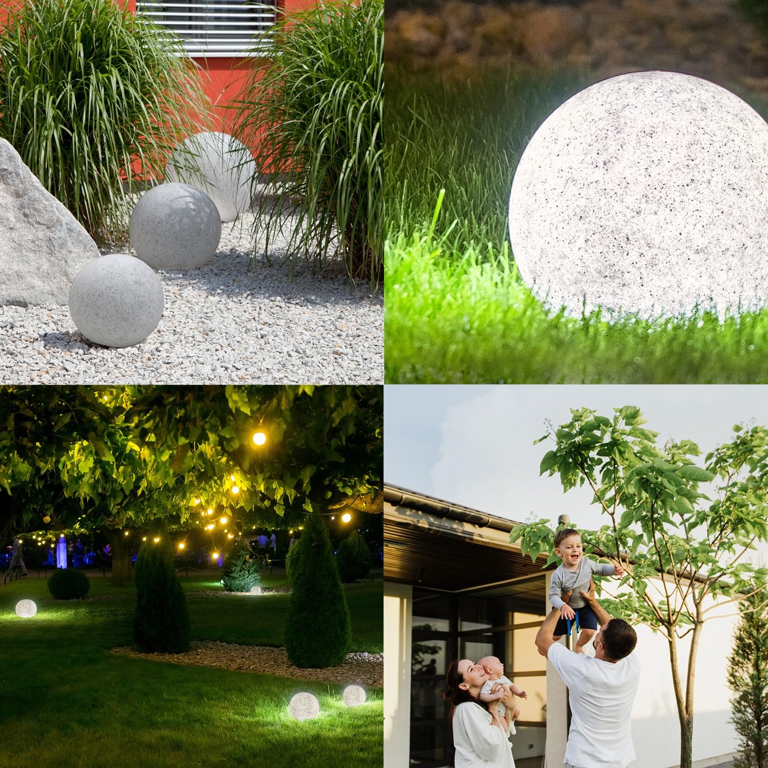 Stein Kugelleuchten Außen Wasserdicht und Winterfest IP65 Gartenlampe Aussen, IP65 Kabel 2m Garten Deko, Gartenleuchten mit Strom (Satz mit 3 Bällen)