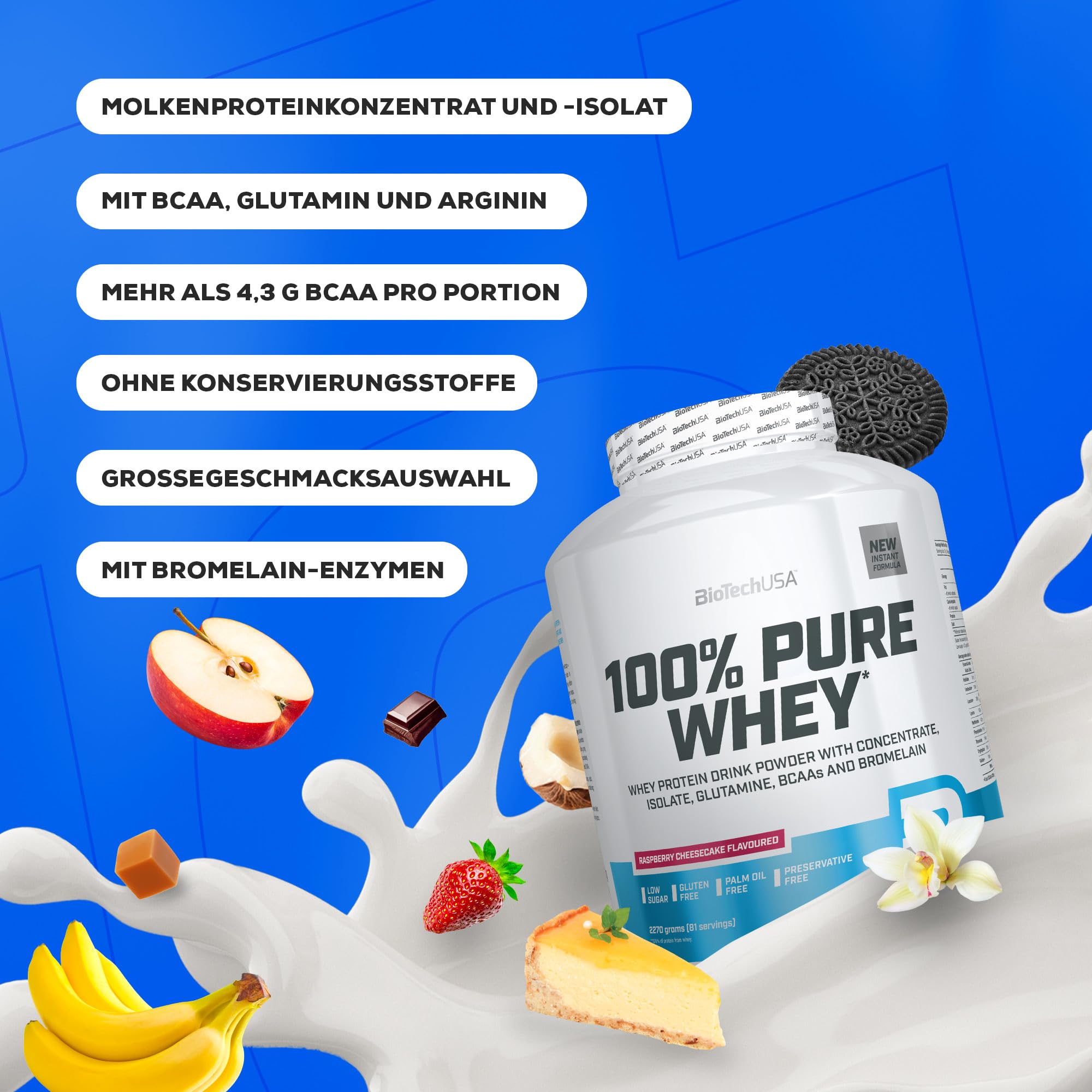 BioTechUSA 100% Pure Whey | Proteinpulver mit BCAA und Glutamin | Glutenfrei, Palmölfrei | 21g Protein pro Portion, 2 kg, Schokolade